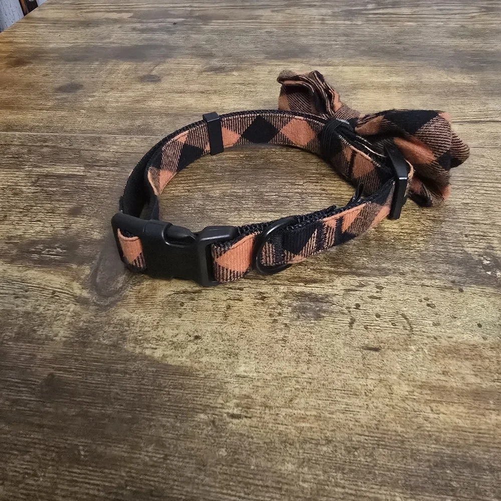 Azuza Plaid Bow Tie Collar For Dogs Black and Orange Size Medium